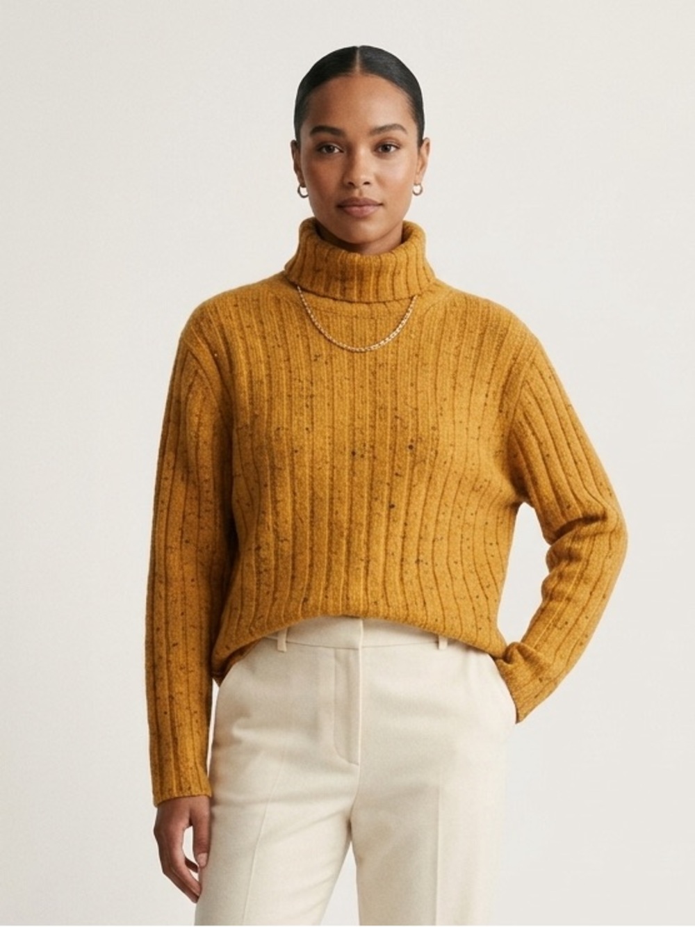 Club Monaco Lambswool Chunky Knit Turtleneck Sweater L Yellow Tweed Flecked Fall